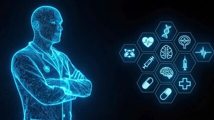 A digital doctor hologram with medical icons represents the future of medicine and healthcare - Powered by Adobe