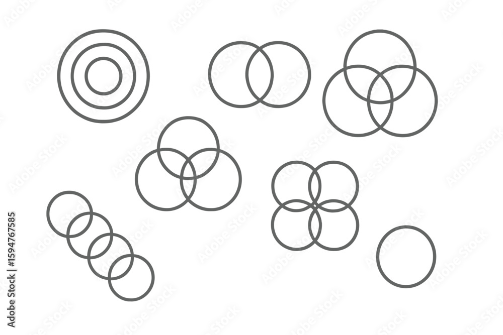 Poster geometric shapes and patterns created with circles arranged in varying sizes and formations against 