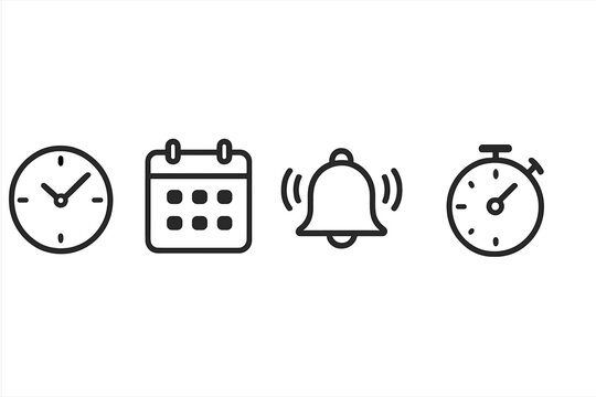 Collection of time-related icons showcasing clock, calendar, alarm bell, and stopwatch for productivity and scheduling purposes