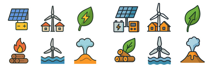 Obraz premium Various illustrations of renewable energy sources including wind, solar, and geothermal power in a colorful infographic style