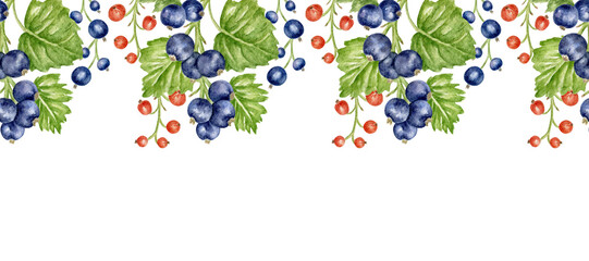 Red and black currant twigs, seamless border. Summer juicy berries painted in watercolor. Frame for banners, invitations, and postcards. Border for kitchen textiles and wallpapers.