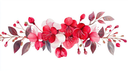 Watercolor floral arrangement featuring vibrant red and pink flowers, delicate leaves, and berries, evoking sense of beauty