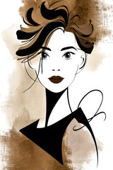 Line art portrait of a woman with expressive lines and watercolor textures.