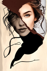 Mixed media portrait of a woman with torn paper effect.