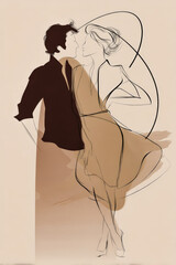 A dynamic line art drawing of a couple in motion, with expressive line art and soft color blocks to convey movement.