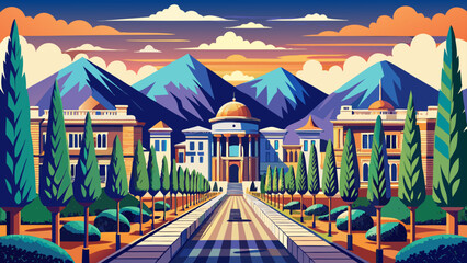 Fototapeta premium Dushanbe, Tajikistan – Tree-lined boulevards, neoclassical facades, and surrounding mountains create a graceful, elegant vector-ready composition full of charm and peace.