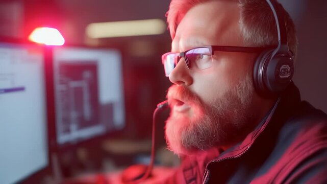 Operator task: 911 responder voice, distress signal, command flow, headset call, support connection, crisis report, alert role, emergency dispatch, rescue talk, fast action, calm focus, verbal aid