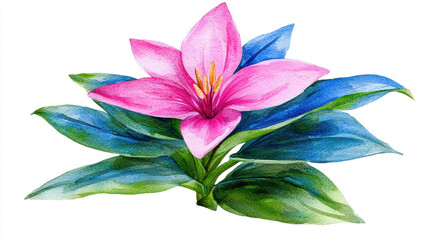 Watercolor botanical illustration of pink lily flower with green leaves, showcasing vibrant colors and delicate details