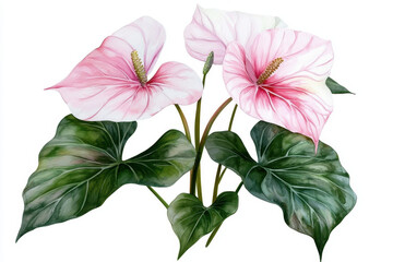 Watercolor botanical illustration of pink anthurium flowers with green leaves, showcasing vibrant colors and delicate details