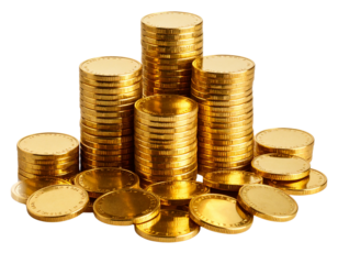  Gold Coins Stacked and Scattered, Isometric View, Transparent PNG