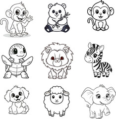 Collection of nine cartoon animal outlines including a monkey, panda, turtle, lion, zebra, dog, sheep, and elephant.