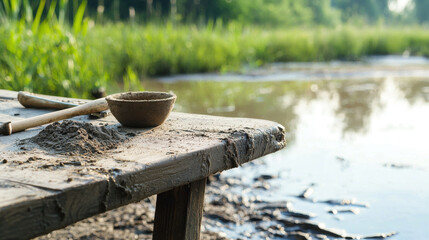 Serene wetland scene featuring wooden table with sediment and bowl, surrounded by lush greenery and calm water