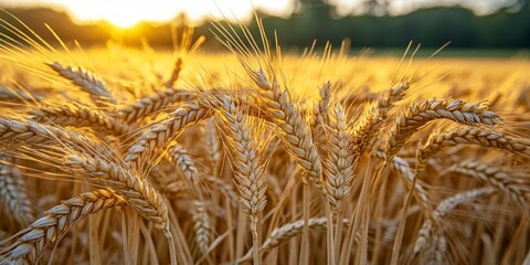 Golden ears of wheat swaying gently sunlit field, their grains full and ripe, creating a sense of abundance and harvest season