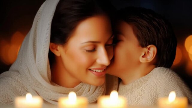  emotional light cere Peaceful mother and child with candles glowing warmly, bonding moment of mother and child with candles in soft light, spiritual reflection shared by mother and child with candles