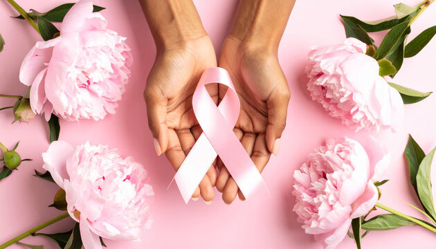 woman holding a pink ribbon, breast cancer awareness month