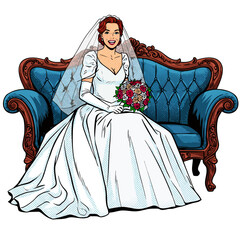 Bride sitting on a vintage couch holding a bouquet of flowers  