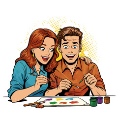 Couple painting together with colorful paints and brushes at home  