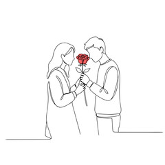 Couple holding red rose together in simple line art style  