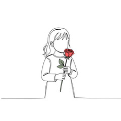 Child holding a red rose while standing on a white background  