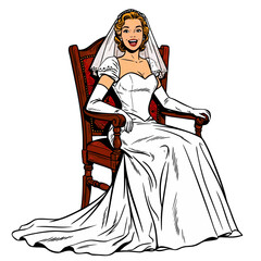 Bride smiling while sitting on vintage chair in wedding dress  