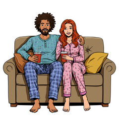 Couple relaxing on couch in pajamas enjoying drinks at home  