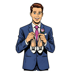 Young man in suit holding shoes and smiling in pop art style  