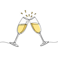 Champagne glasses clinking together in celebration with sparkling bubbles  