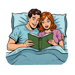 Couple reading together in bed with joyful expressions at home  