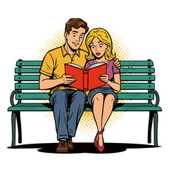 Couple reading together on a bench in a playful illustration style  