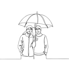 Couple standing together under an umbrella in monochrome line art  