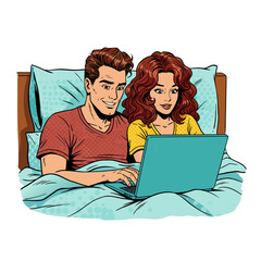 Couple using laptop in bed while relaxing under soft blankets  
