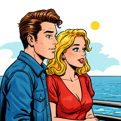 Young couple enjoying the view by the sea on a sunny day  