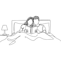 Couple reading a book together in bed under soft lighting  