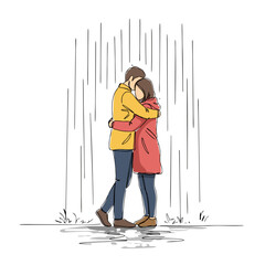 Couple embracing in the rain with colorful raincoats outdoors  