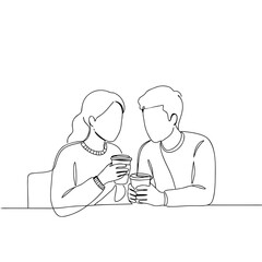 Couple holding cups of coffee while sitting at a table in minimal style  