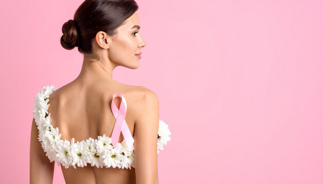 Woman in the flower bra, breast month awareness month photo - Powered by Adobe