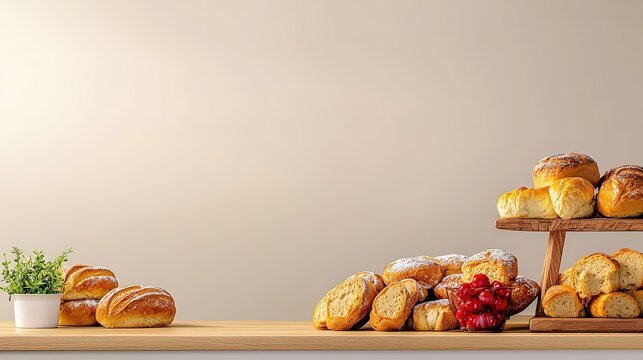 An arrangement of assorted freshly baked breads displayed on wooden shelves and table, complemented by a small potted plant against a soft beige background.