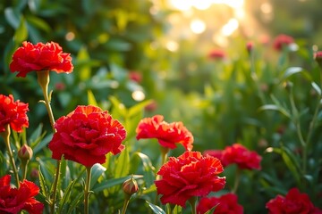 Fototapeta premium Vibrant Red Carnation Flowers in Garden at Sunset 