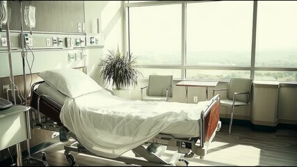 A clean hospital room with an empty bed, IV stand, and monitoring equipment, daylight tone