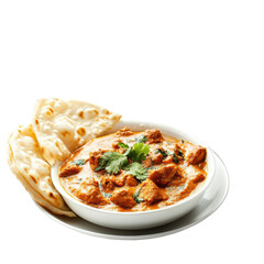 Creamy Chicken Curry with Naan Bread in a Bowl, Garnished with Fresh Cilantro on transparent background