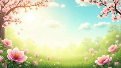 Springtime Blossoms Pink Flowers Green Grass Blue Sky Sunny Day