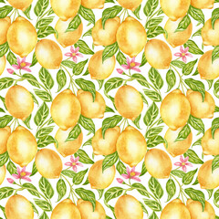 Seamless pattern with lemons, leaves, a fruit-bearing flowering tree, a hand-drawn watercolor ornament. Juicy summer fruits for kitchen textiles, wallpaper, bedding, and tableware.