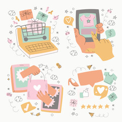Flat Design Online Shopping Illustration Set