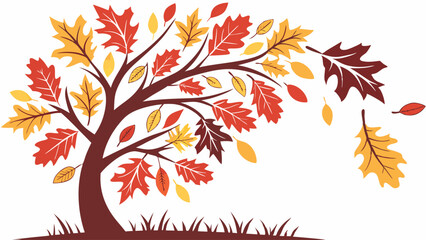 Vibrant autumn oak tree vector illustration with colorful red, orange, and yellow falling leaves blowing in a strong wind, a dynamic fall season graphic.