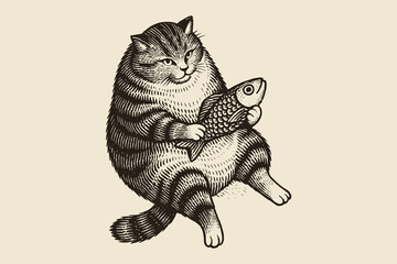 Fat cat with fish vintage engraving vector illustration