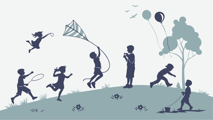 Happy children play outdoors on a sunny day, a monochrome silhouette illustration depicting various fun activities like kite flying, running, and jumping on a grassy hill.