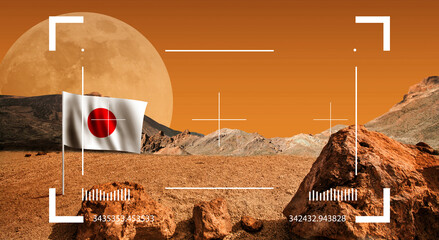 Flag of Japan on Mars planet surface. Cosmos discover expedition