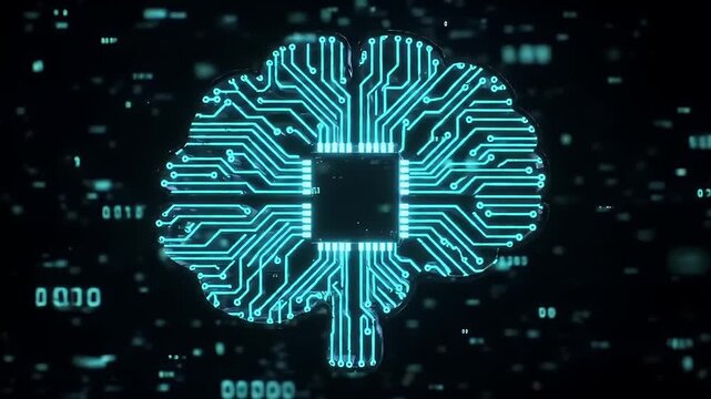Abstract isometric design featuring a luminous brain-shaped processor symbolizing artificial intelligence, connected to a complex network of digital circuits. Ideal representation of machine learning 