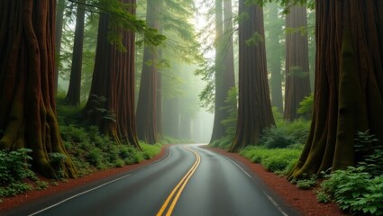 Obraz premium Winding Road Through Redwood Forest Tall Trees and Greenery
