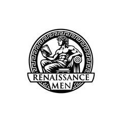 A bold, black and white logo illustration featuring a muscular man sitting on a classical chair while reading a book, symbolizing the fusion of strength and intellect. Designed in a classical Greek